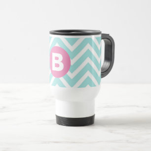 Trendy Light Blue Chevron Pink Monogram Travel Mug
