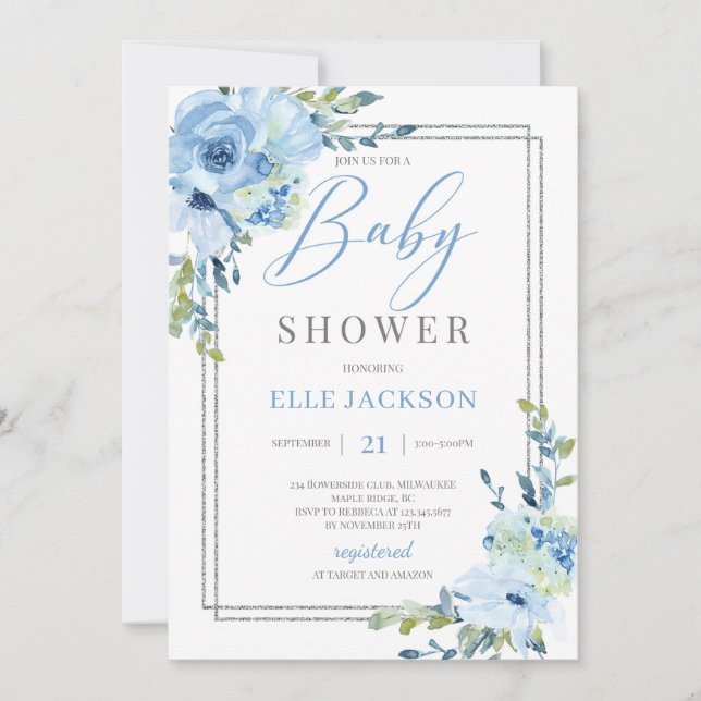 Trendy light blue floral silver frame baby shower invitation (Front)