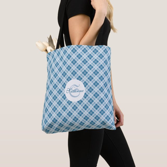 Trendy Light Blue tartan pattern Monogram Tote Bag (Close Up)