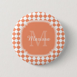 Trendy Light Orange Checked Monogrammed Name 6 Cm Round Badge