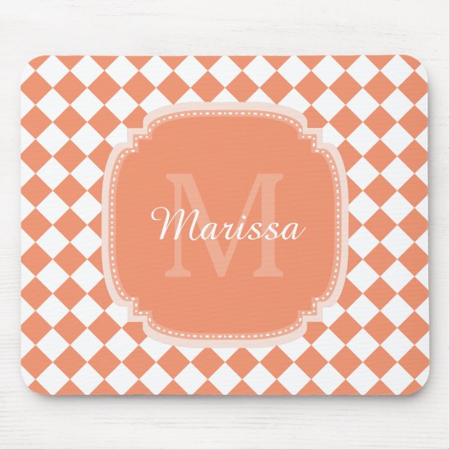 Trendy Light Orange Checked Monogrammed Name Mouse Pad (Front)