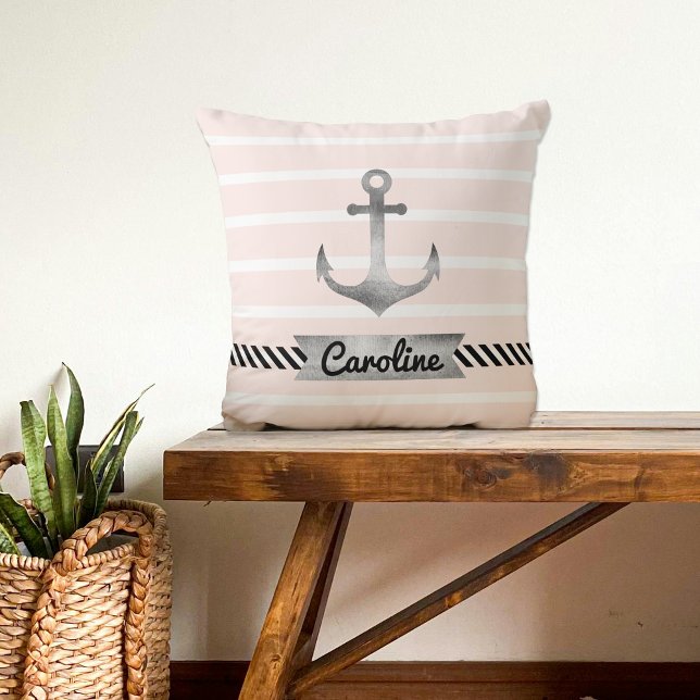 Trendy Light Pink Stripes and Watercolor Anchor Cushion (Creator Uploaded)