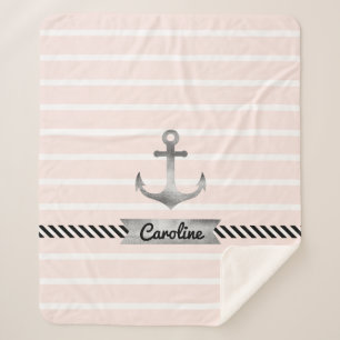 Trendy Light Pink Stripes and Watercolor Anchor Sherpa Blanket