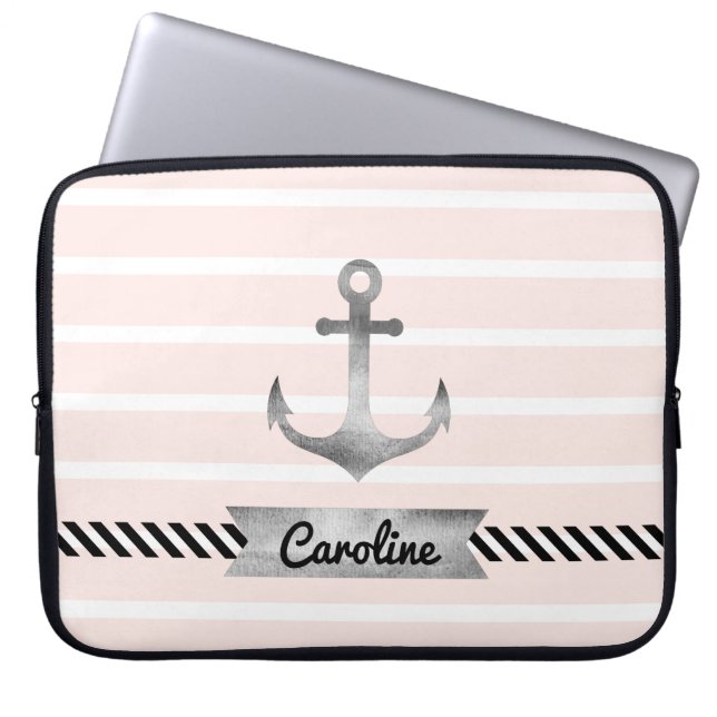 Trendy Light Pink Stripes Nautical Anchor Custom Laptop Sleeve (Front)