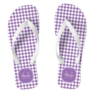 Trendy Light Purple Checked Monogrammed Name Jandals
