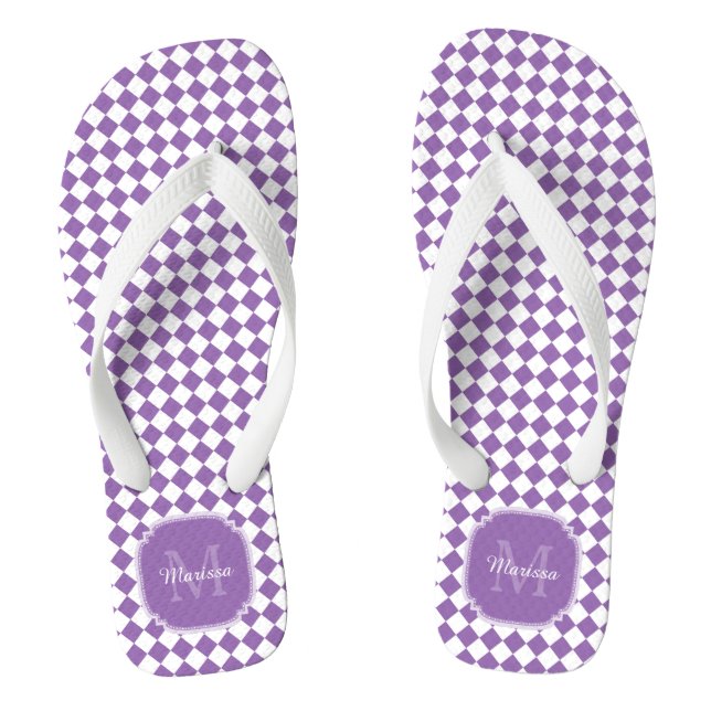 Trendy Light Purple Checked Monogrammed Name Jandals (Footbed)