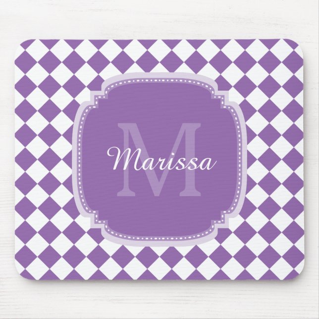 Trendy Light Purple Checked Monogrammed Name Mouse Pad (Front)