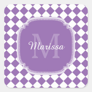 Trendy Light Purple Checked Monogrammed Name Square Sticker