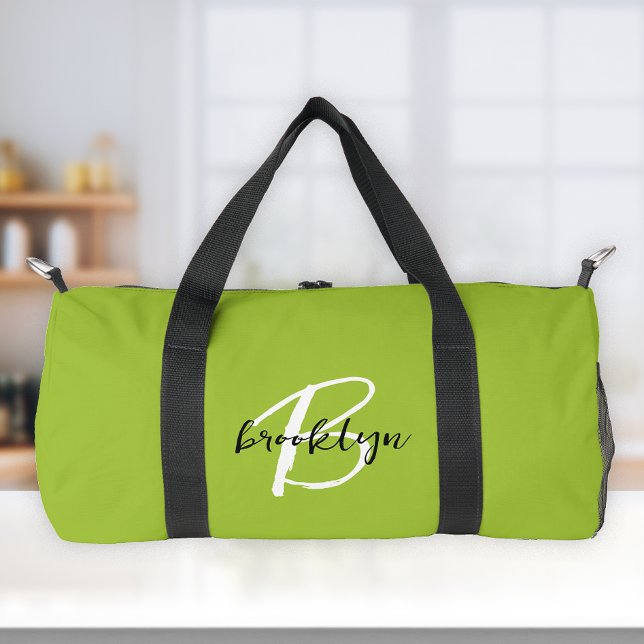 Trendy Lime Green Black White Script Monogram  Duffle Bag (Creator Uploaded)