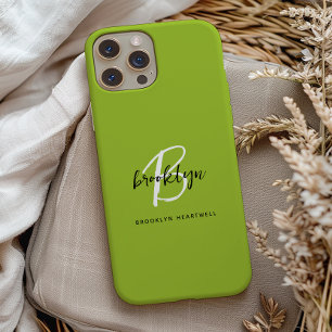 Trendy Lime Green Black White Script Monogram Name Case-Mate iPhone Case