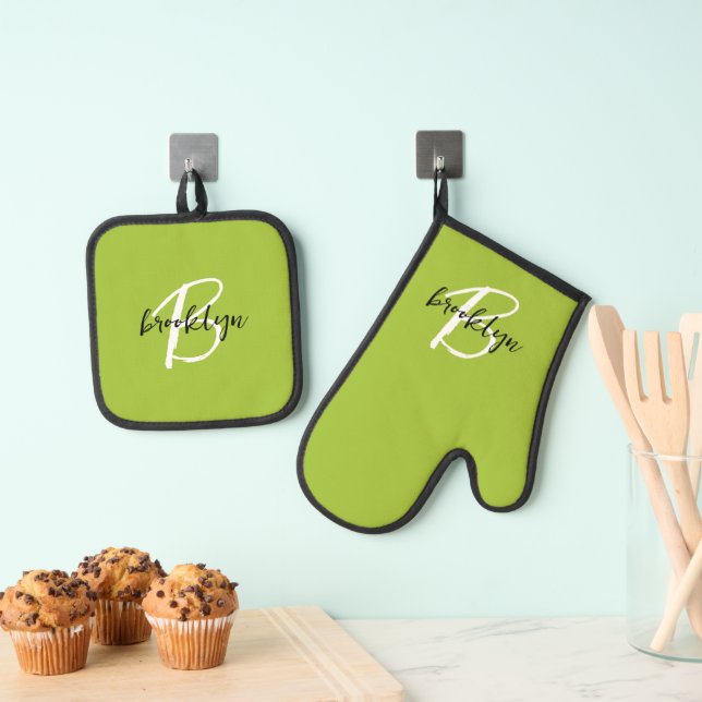 Trendy Lime Green Black White Script Monogram  Oven Mitt & Pot Holder Set (Insitu(Hanging))