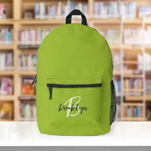 Trendy Lime Green Black White Script Monogram Printed Backpack