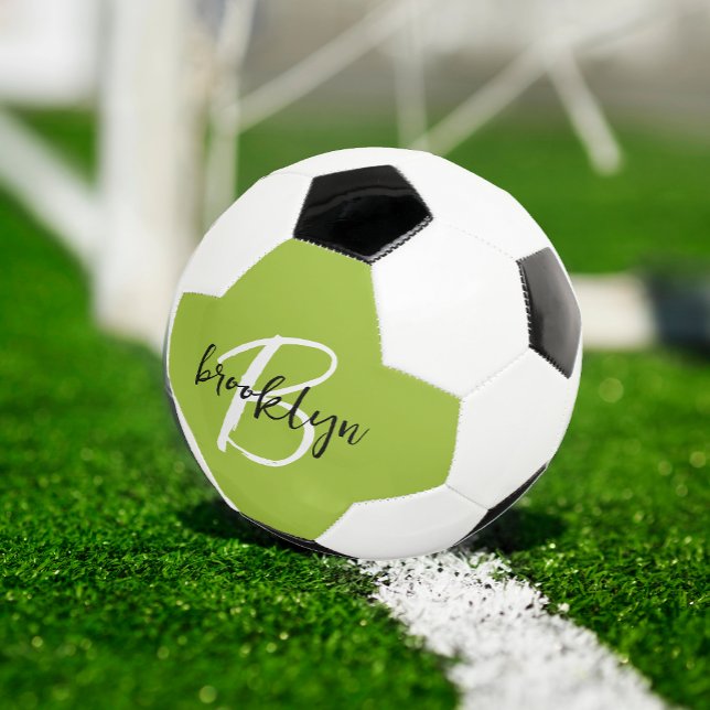 Trendy Lime Green Black White Script Monogram  Soccer Ball (Creator Uploaded)