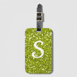 Trendy Lime Green Glitter Monogram Initial Luggage Tag