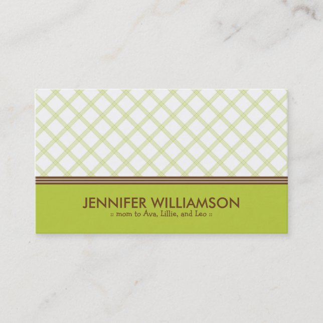 Trendy Lime Green Plaid Mummy Calling Card (Front)