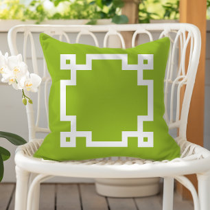 Trendy Lime Green White Greek Key Border Cushion