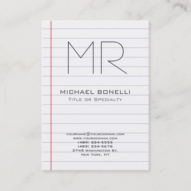 Trendy lined paper vertical business card (Front)