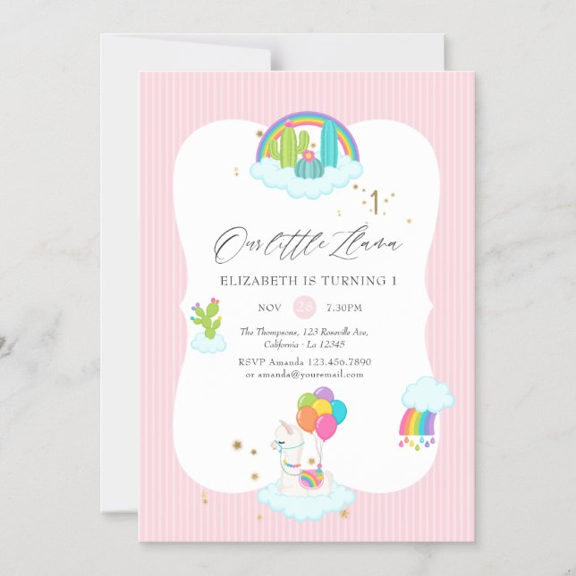 Trendy Llama 1st Birthday Party Magnetic Invitation (Front)