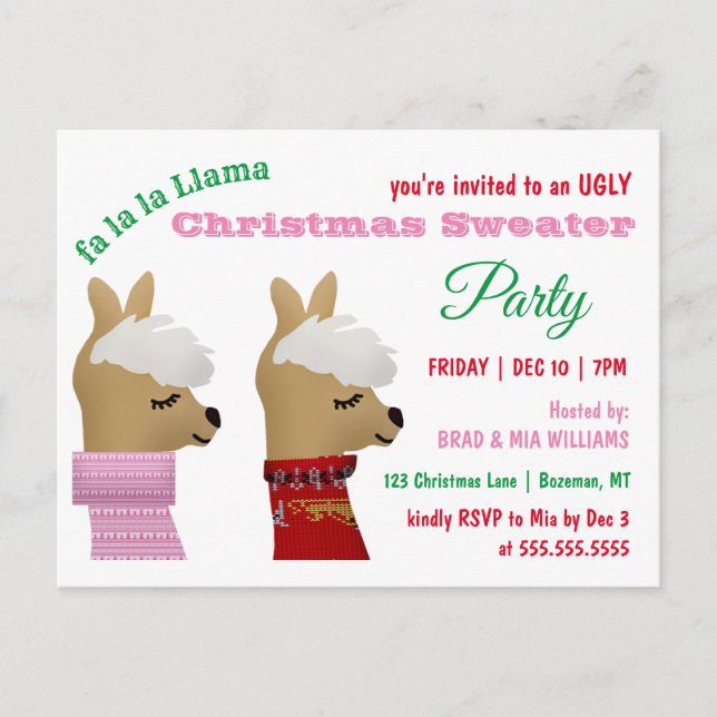 Trendy Llama Christmas Sweater Party Invitation Postcard (Front)