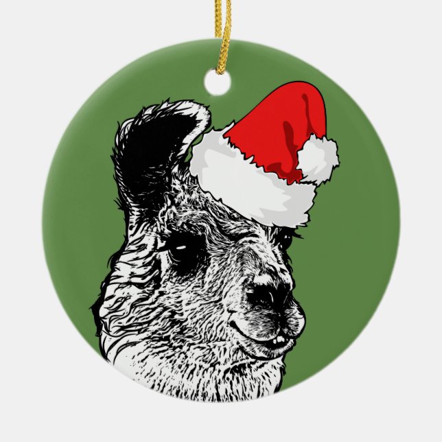 Trendy Llama & Santa Hat | Personalised Ceramic Tree Decoration (Front)