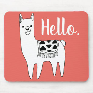 Trendy Llama Sketch Hello in Coral Mouse Pad