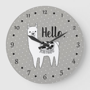 Trendy Llama Sketch & White Dots Hello Large Clock