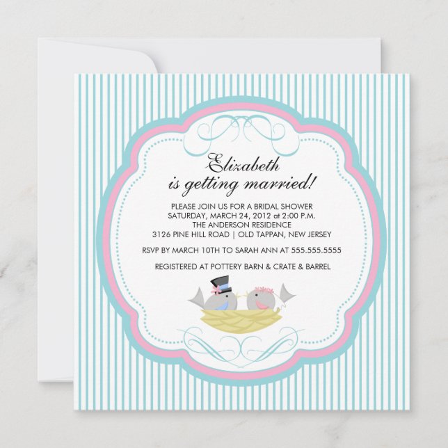Trendy Love Birds Bridal Shower Invitation Blue (Front)