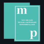 Trendy Lower Case Monogram Turquoise Save the Date Invitation<br><div class="desc">A simple clean minimalist design in turquoise blue with a text pairing of fonts in bold lower case monogram letter text templates and upper case font templates for the details that are easy for you to personalise. Just change the letters to your own right on the product page. All elements...</div>