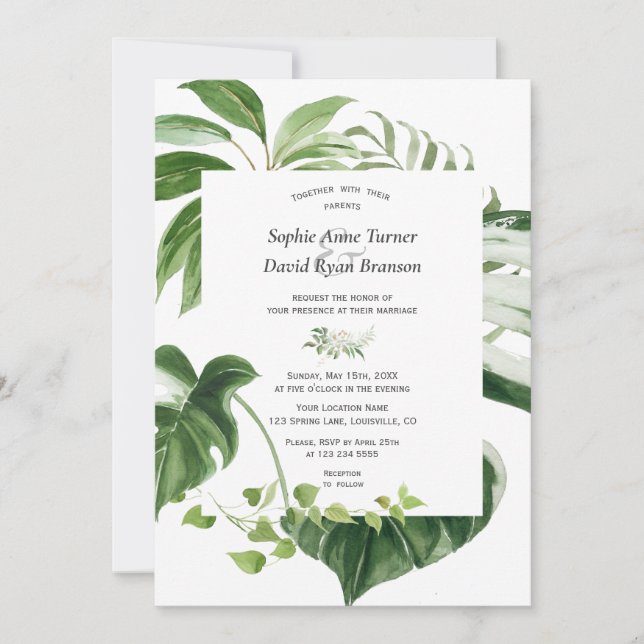 Trendy Lush Watercolor Tropical Greenery Wedding Invitation (Front)