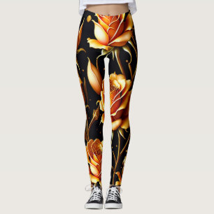 Trendy Luxury Big Gold Rose Collection Leggings