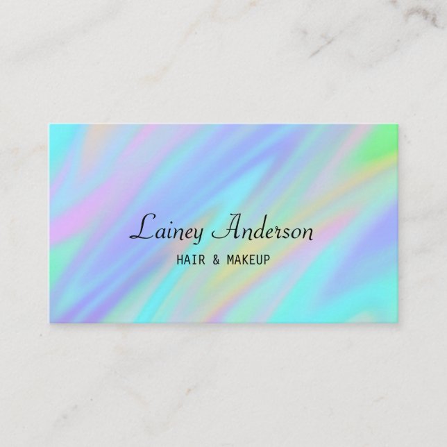 Trendy luxury blue purple green faux holographic business card (Front)