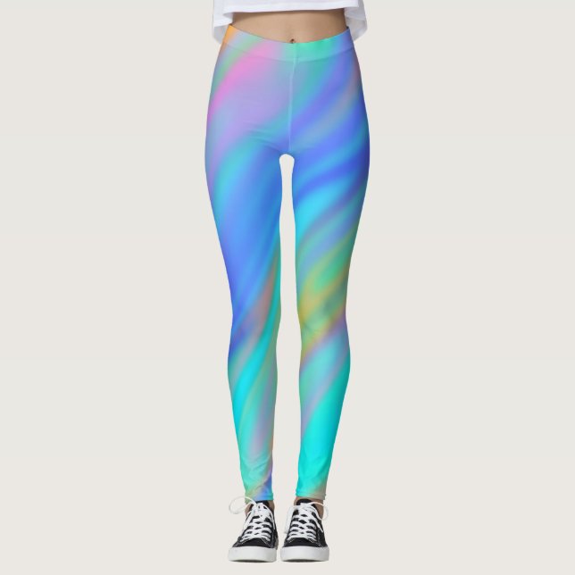Trendy luxury green blue purple faux holographic leggings (Front)
