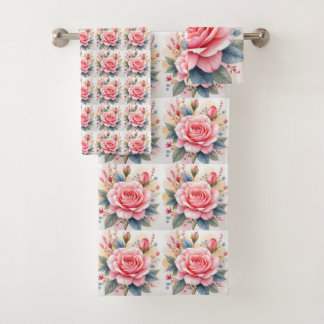 Trendy Luxury Pink Roses Beautiful Collection Bath Towel Set