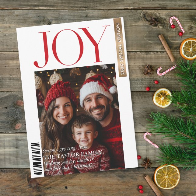 Trendy Magazine Cover Family Photo Christmas Joy I Invitation (Creator Uploaded)
