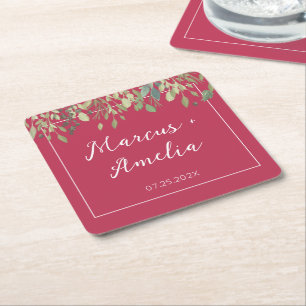 Trendy  Magenta & Eucalyptus Wedding  Square Paper Coaster