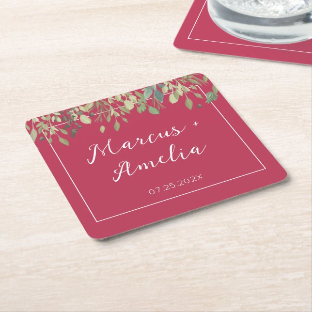 Trendy  Magenta & Eucalyptus Wedding  Square Paper Coaster (Angled)