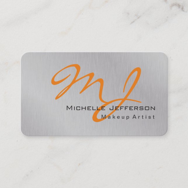 Trendy Makeup Artist Silver Grey Orange Monogram Business Card (Front)