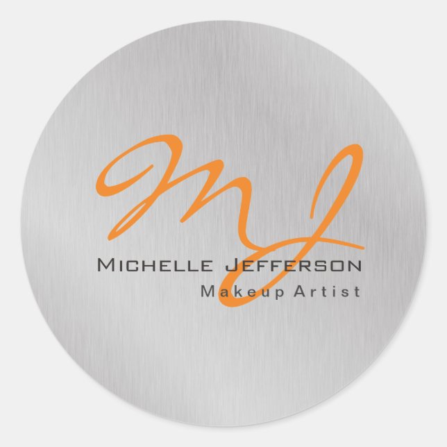 Trendy Makeup Artist Silver Grey Orange Monogram Classic Round Sticker (Front)