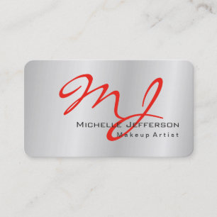 Trendy Makeup Artist Silver Grey Red Monogram Business Card