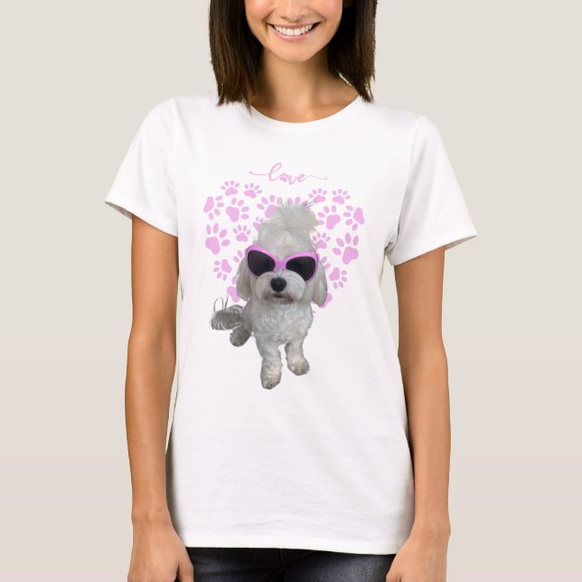 Trendy Maltese Dog with Pink Glasses and Paw Print T-Shirt (Front)