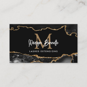 Trendy Marble Agate Black Gold Script Monogram Business Card