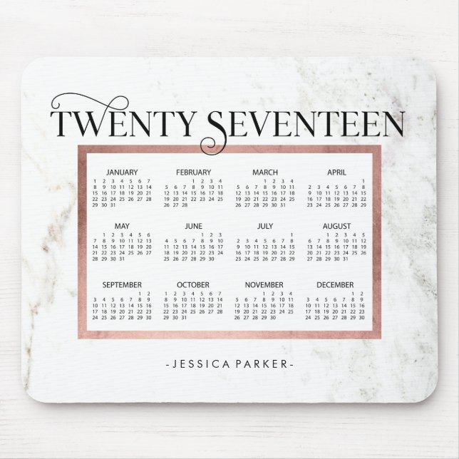 Trendy Marble Look | Faux Rose Gold 2017 Calendar Mouse Pad (Front)