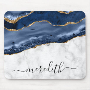 Trendy Marble Navy Blue Gold Agate Monogram Mouse Pad