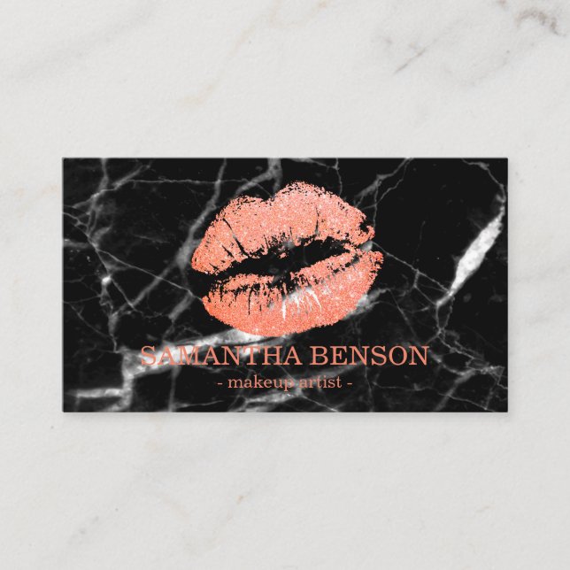 Trendy Marble Rose Gold Lips Makeup Artist Business Card (Front)