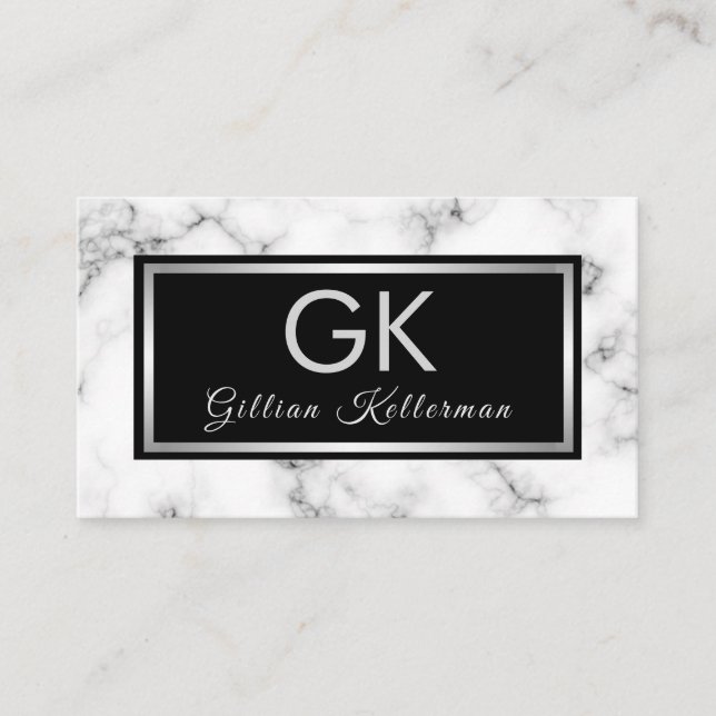 Trendy Marble Silver Monogram Business Card (Front)