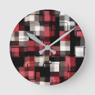 Trendy Maroon Red Black White Abstract Plaid Round Clock