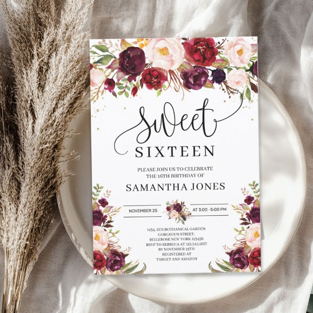 Trendy marsala burgundy blush floral sweet sixteen invitation (Trendy marsala burgundy blush floral sweet sixteen invitation)