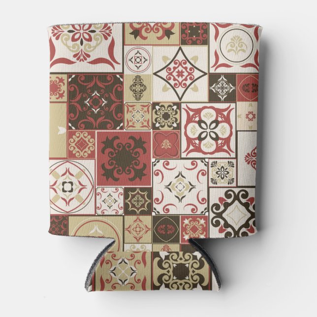 Trendy Marsala Moroccan Tile Pattern Can Cooler (Front)