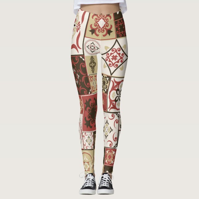 Trendy Marsala Moroccan Tile Pattern Leggings (Front)