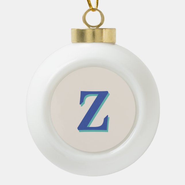 Trendy Medium Blue 3D Initial Letter | Linen Colou Ceramic Ball Christmas Ornament (Front)